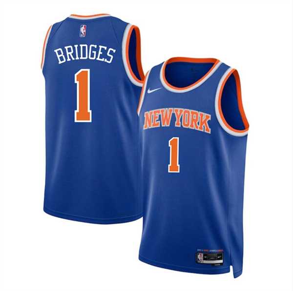 Mens New Yok Knicks #1 Mikal Bridges Blue Icon Edition Swingman Stitched Basketball Jersey Dzhi